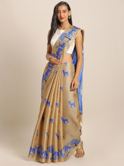 

KALINI Beige & Blue Cotton Blend Printed Khadi Saree