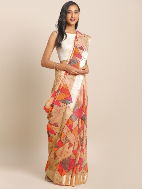 

KALINI Beige & Pink Linen Blend Printed Saree