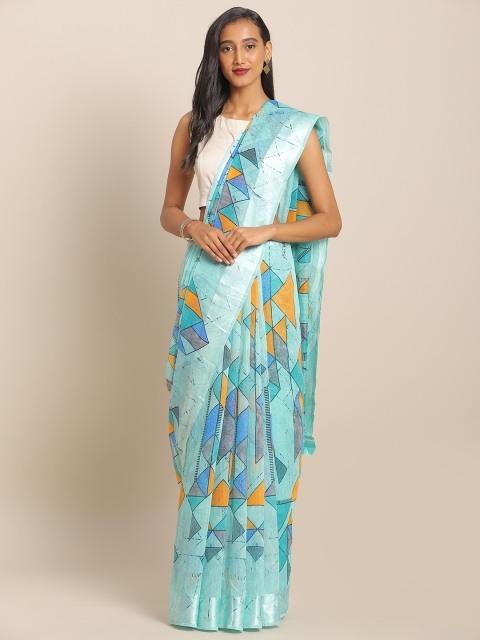 

KALINI Sea Green & Orange Linen Blend Geometric Printed Saree