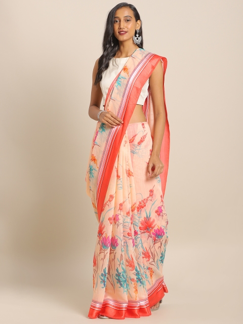 

KALINI Peach-Coloured & Orange Printed Linen Blend Saree