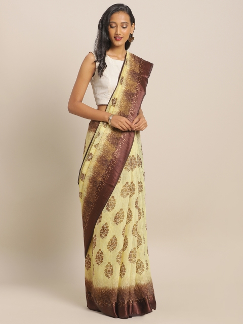 

KALINI Yellow & Brown Linen Blend Printed Saree