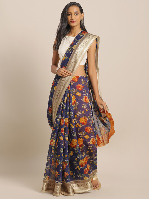 

KALINI Navy Blue & Orange Linen Blend Printed Saree