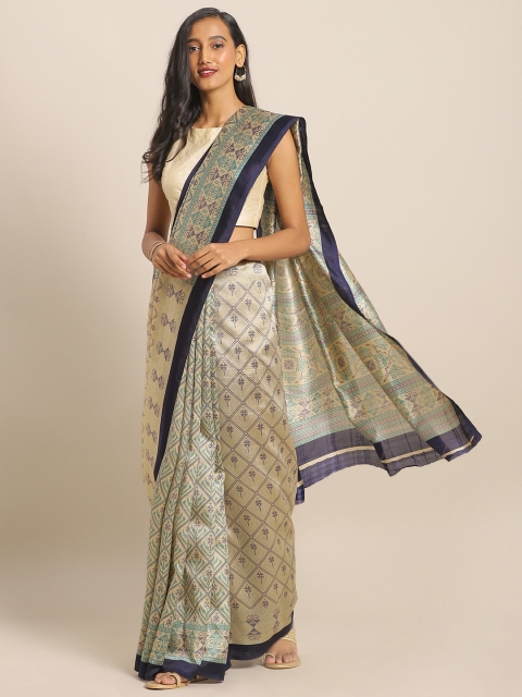 

KALINI Beige & Navy Blue Art Silk Printed Saree