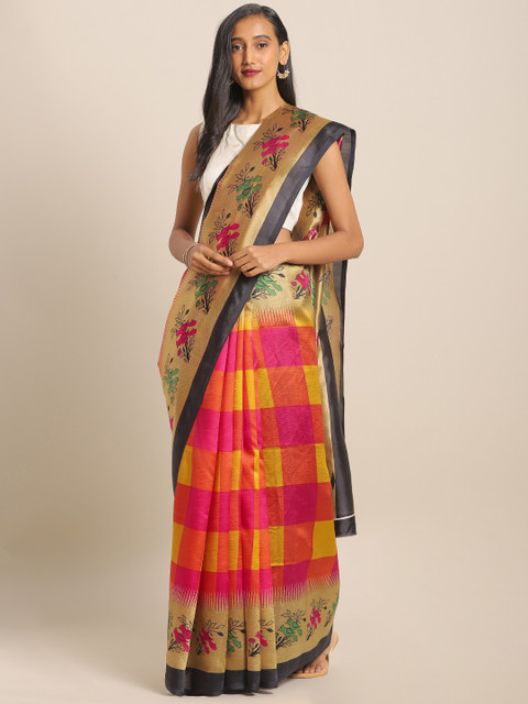 

KALINI Black & Yellow Art Silk Checked Saree