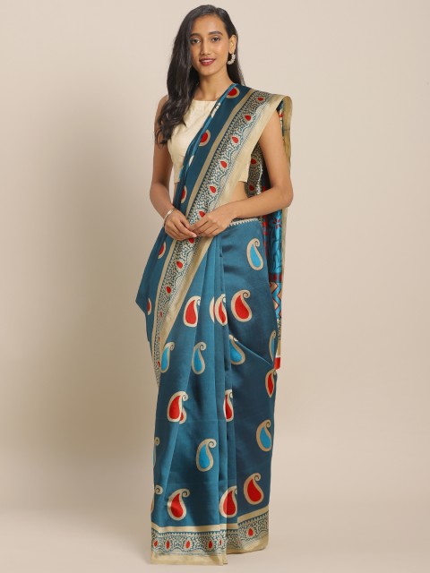 

KALINI Blue Paisley Printed Art Silk Saree