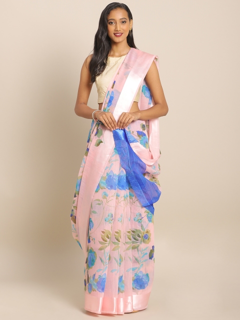 

KALINI Pink & Blue Linen Blend Printed Saree