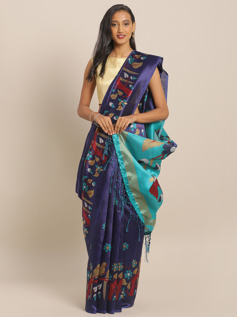 

KALINI Navy Blue & Red Art Silk Floral Printed Saree