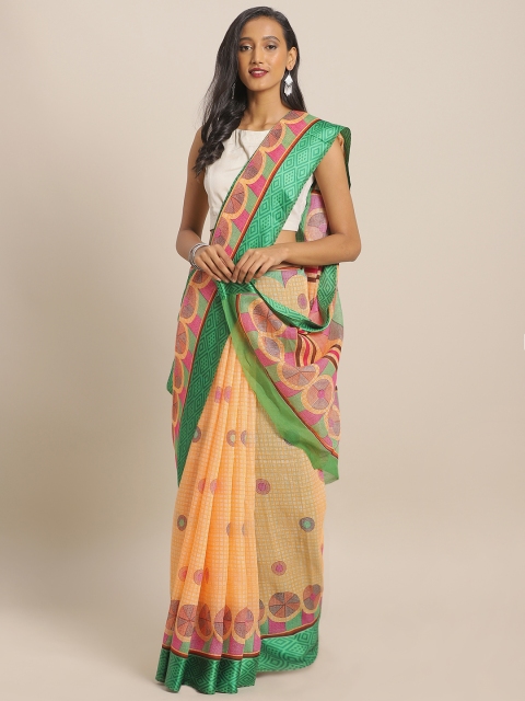 

KALINI Orange & Green Linen Blend Printed Saree