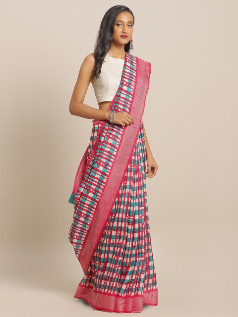 

KALINI Pink & Teal Blue Jute Cotton Printed Saree
