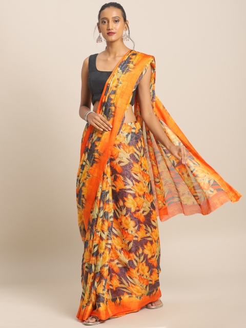 

KALINI Orange & Black Linen Blend Printed Saree