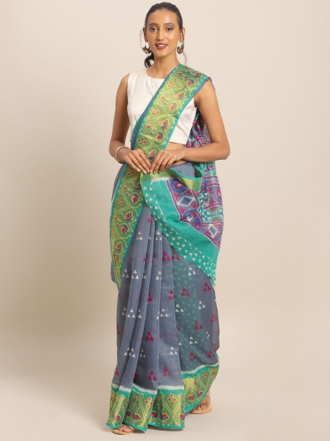 

KALINI Grey & Sea Green Linen Blend Printed Saree
