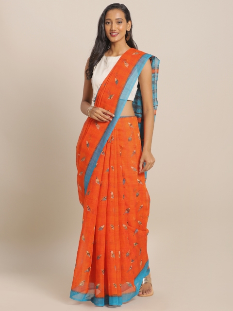 

KALINI Orange & Blue Jute Cotton Printed Saree