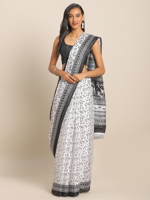 

KALINI White & Black Cotton Blend Printed Khadi Saree