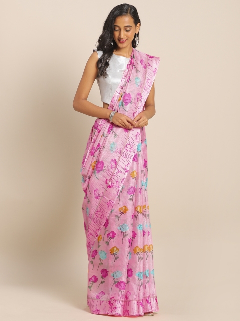 

KALINI Pink & Blue Linen Blend Printed Saree