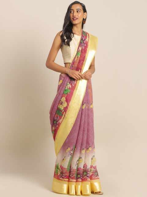 

KALINI Pink & Maroon Linen Blend Printed Saree