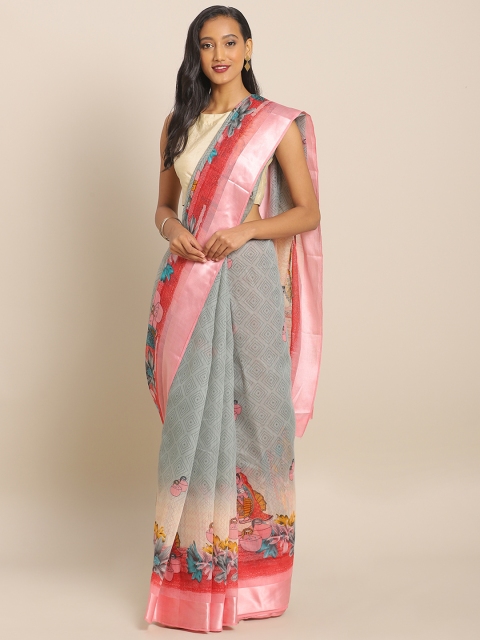 

KALINI Grey & Pink Linen Blend Printed Saree
