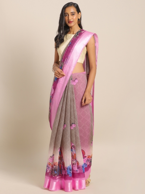 

KALINI Grey & Pink Printed Linen Blend Saree