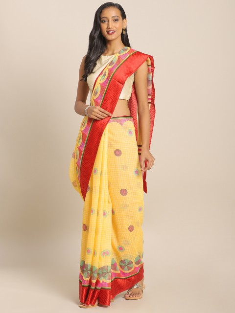 

KALINI Yellow & Red Linen Blend Checked Saree With Printed Detailing