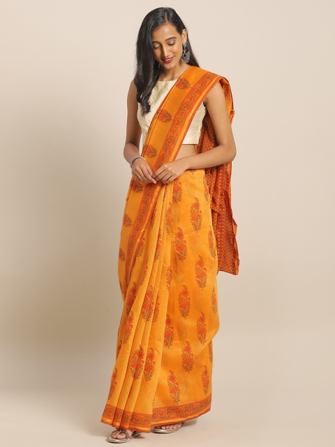 

KALINI Mustard Yellow & Pink Pure Cotton Printed Saree