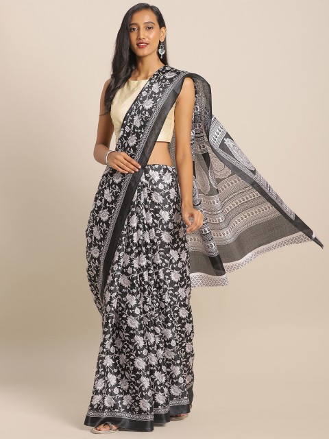 

KALINI Black & White Cotton Blend Floral Printed Khadi Saree