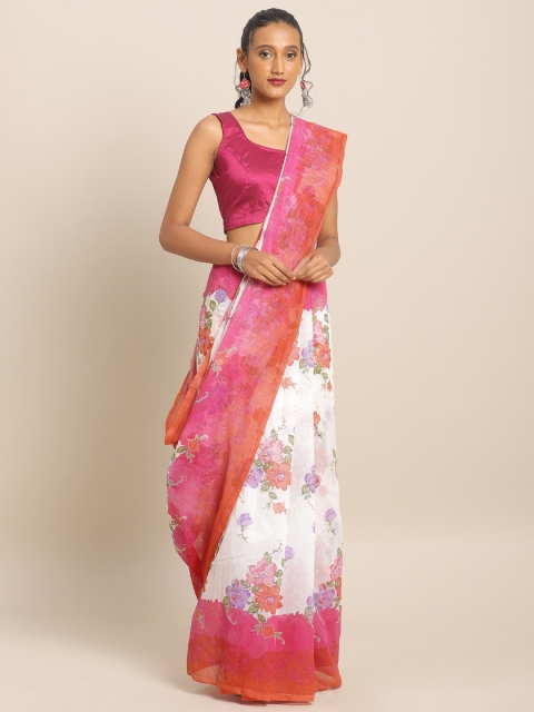 

KALINI White & Pink Pure Cotton Floral Printed Saree