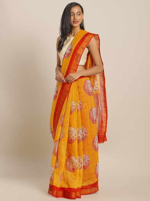 

KALINI Mustard Yellow & Red Printed Linen Blend Saree