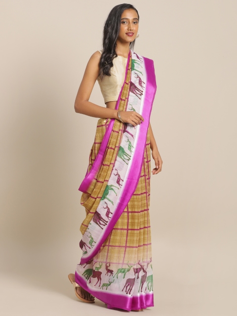 

KALINI Brown & Pink Linen Blend Checked Saree