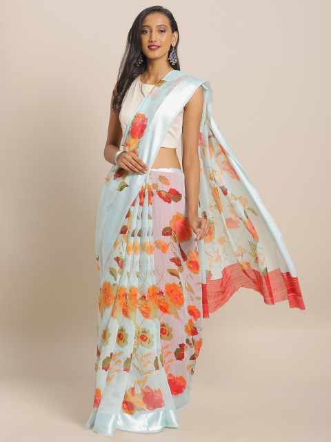 

KALINI Blue & Orange Linen Blend Printed Saree