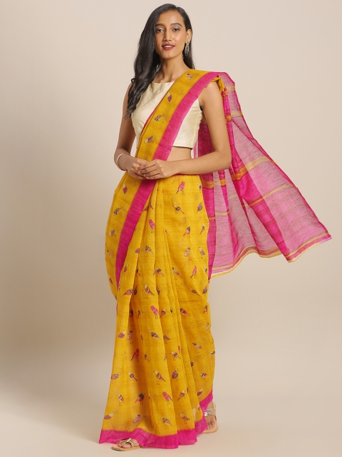 

KALINI Yellow & Pink Printed Jute Cotton Saree