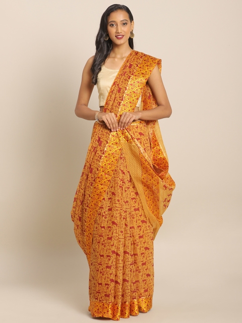 

KALINI Yellow & Pink Linen Blend Printed Saree
