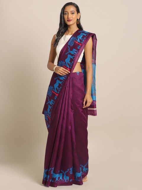 

KALINI Burgundy & Blue Cotton Blend Solid Saree with Printed Border
