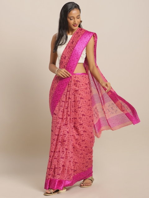 

KALINI Pink Printed Linen Blend Saree