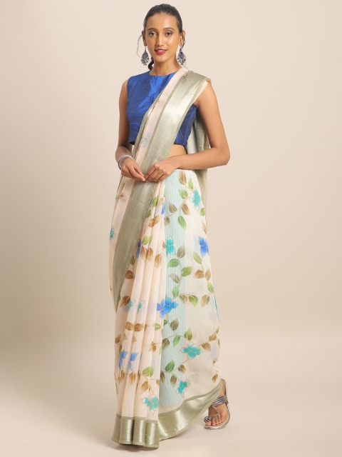 

KALINI Off-White & Blue Linen Blend Printed Saree