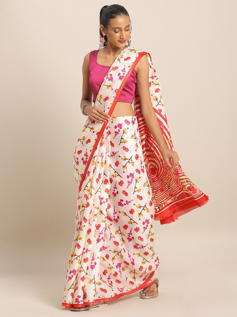 

KALINI White & Red Cotton Blend Printed Khadi Saree