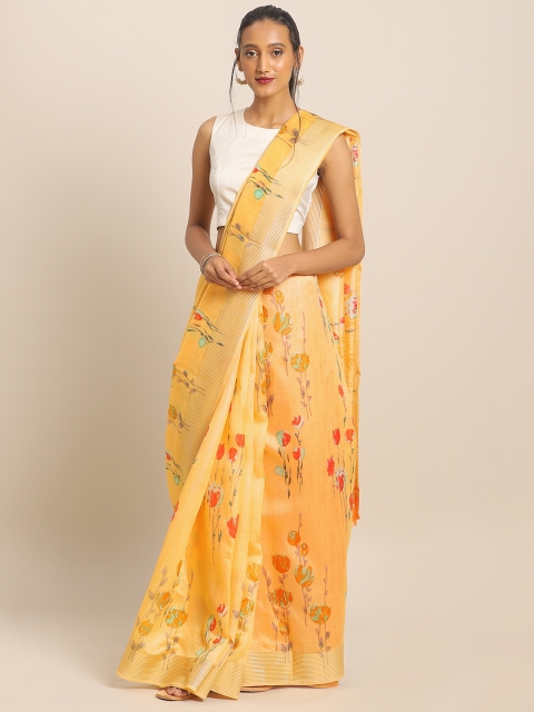 

KALINI Orange & Teal Green Linen Blend Printed Saree