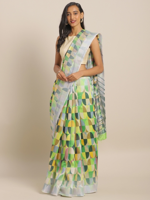 

KALINI Green & Yellow Printed Linen Blend Saree