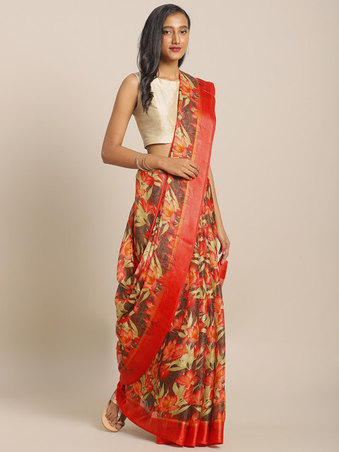 

KALINI Red & Cream-Coloured Linen Blend Printed Saree