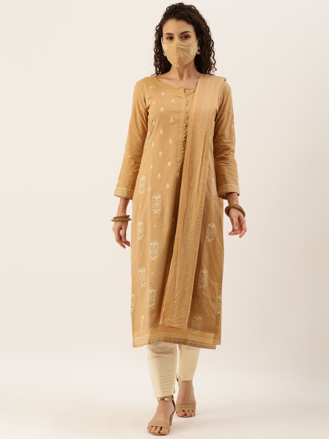 

Kvsfab Brown & Cream-Coloured Pure Cotton Unstitched Dress Material With Matching Mask