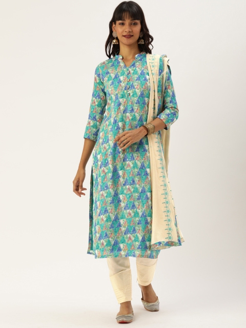 

Kvsfab Blue & Cream-Coloured Cotton Blend Unstitched Dress Material