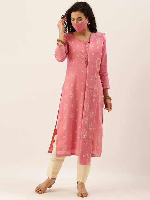 

Kvsfab Pink & Cream-Coloured Pure Cotton Unstitched Dress Material With Matching Mask
