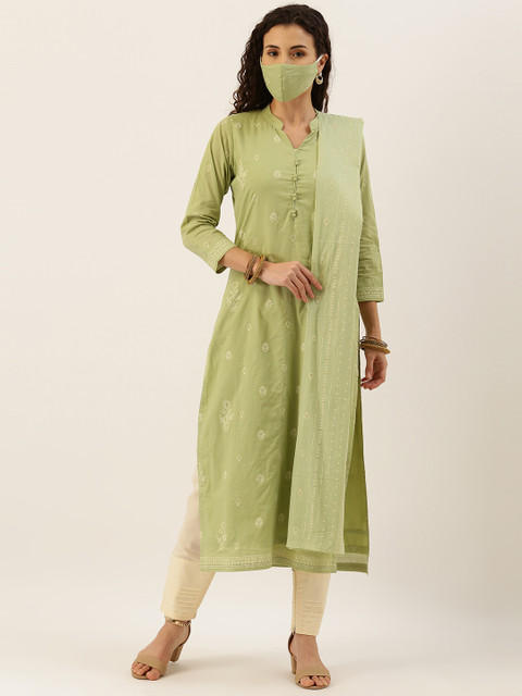 

Kvsfab Green & Cream-Coloured Pure Cotton Unstitched Dress Material With Matching Mask