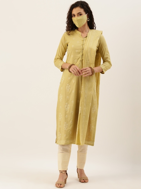 

Kvsfab Green & Cream-Coloured Pure Cotton Unstitched Dress Material With Matching Mask