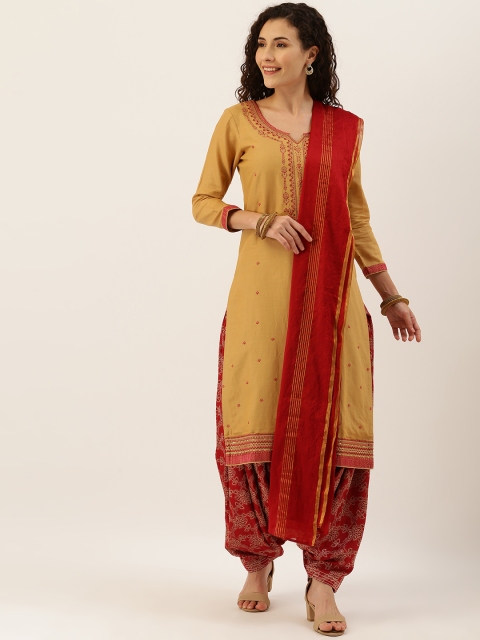 

Kvsfab Beige & Maroon Silk Blend Unstitched Dress Material