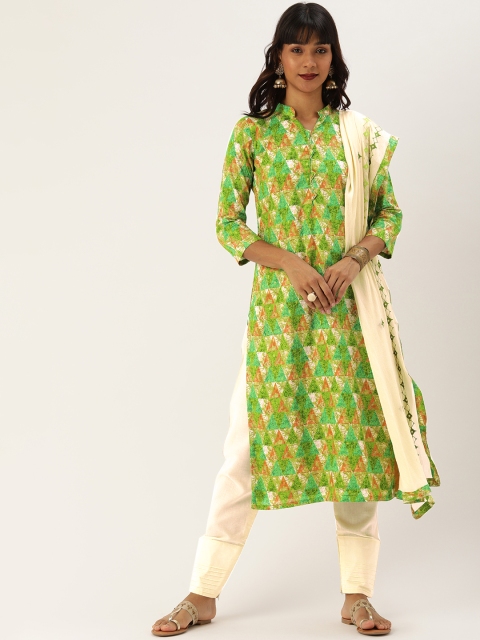 

Kvsfab Green & Cream-Coloured Cotton Blend Unstitched Dress Material