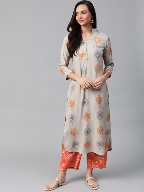 

Sbo Fashion Women Grey & Orange Ethnic Print Kurta with Palazzos
