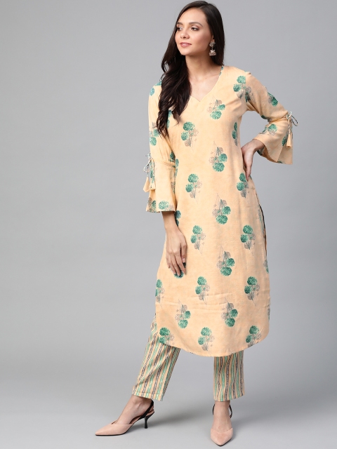 

Sbo Fashion Women Peach-Coloured & Green Printed Kurta with Trousers