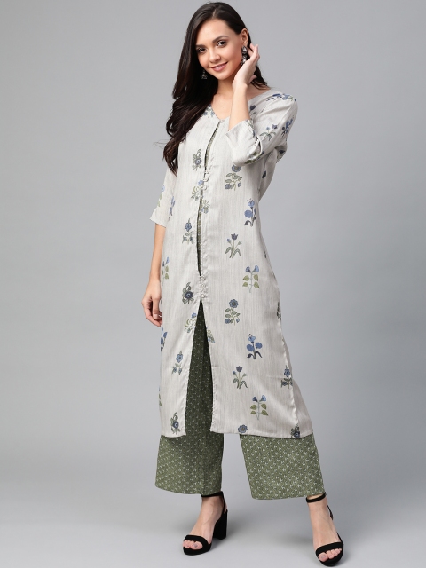 

Sbo Fashion Women Grey & Green Printed Layered Kurta with Palazzos