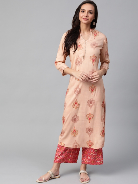 

Sbo Fashion Women Peach-Coloured & Red Ethnic Print Kurta with Palazzos