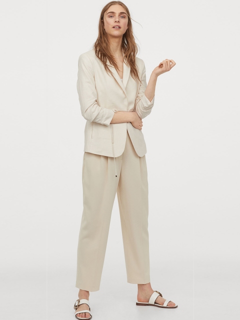 

H&M Women Beige Solid Gathered-Sleeve Jacket