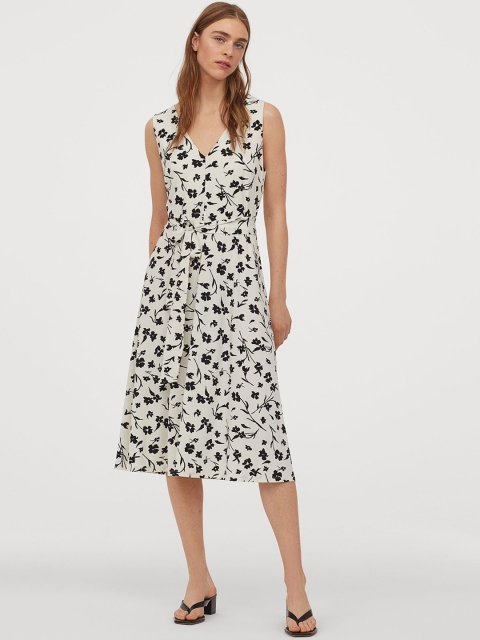 

H&M Women White & Black Floral Print Tie-Belt Dress